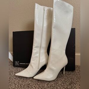 INC brand White Croc, size 10, never worn side zip, knee-high boots,2 inch heal.